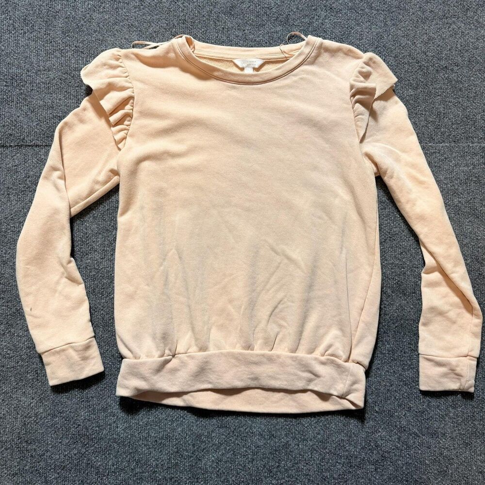 LC Lauren Conrad Shirt Womens Medium Beige Ruffle Shoulder Long Sleeve Knit Top